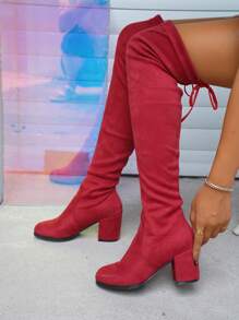 Ladies' Fashionable Over The Knee Tight Boots With Chunky Heel - Red - View 4