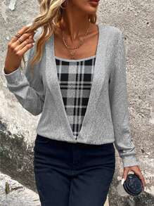 EMERY ROSE Plaid Print 2 In 1 Sweatshirt Graduation,Back To School Outfits,Graduation,Teacher Outfits For Women,Back To School - Grey - View 4