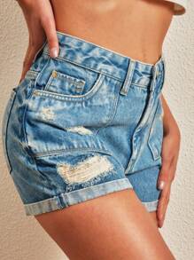 Shein牌女式短褲捲邊牛仔褲 - 淺色水洗藍 - 查看 4