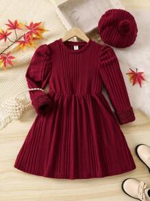 SHEIN 女小童素色條紋針織泡泡袖洋裝附帽子 - 紅色 - 查看 1