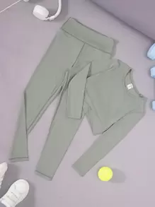 SHEIN Tween Girl Solid Sports Tee & Leggings - Green - View 1