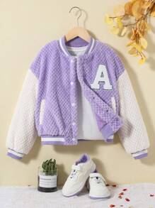 SHEIN Tween Girl Letter Patched Striped Trim Drop Shoulder Varsity Jacket Without Tee - Multicolor - View 1