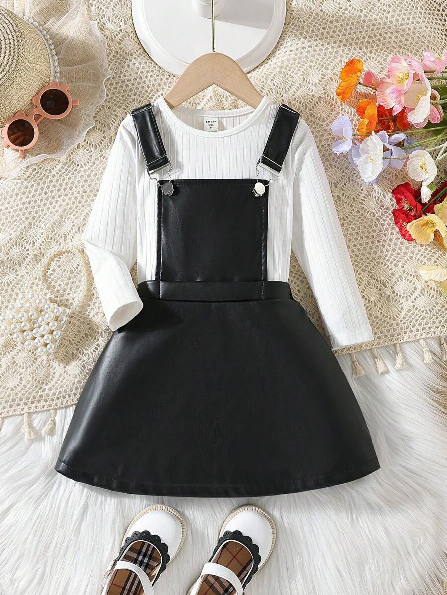 SHEIN Young Girl Solid Tee & Overall Dress - Black and White - View 1