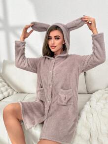 Bata de dormir con diseño de oreja 3D con capucha de franela - Marrón - Ver 3