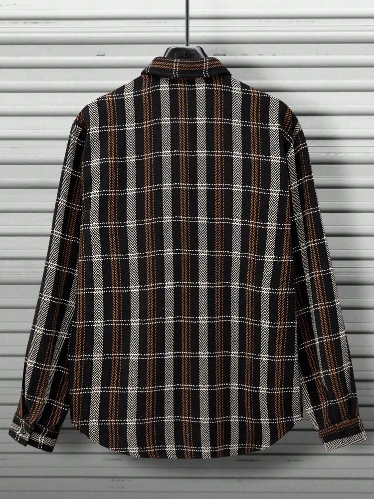 Men Plaid Print Pocket Patched Overcoat