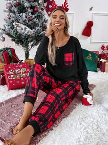 SHEIN LUNE Plaid Print Pocket Patched Tee & Sweatpants - Multicolor - View 5