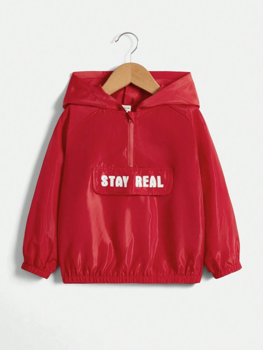 SHEIN Chàng trai trẻ Đồ họa Chữ cái Một nửa khóa kéo áo có mũ Áo Jacket gió - Đỏ - Xem 1