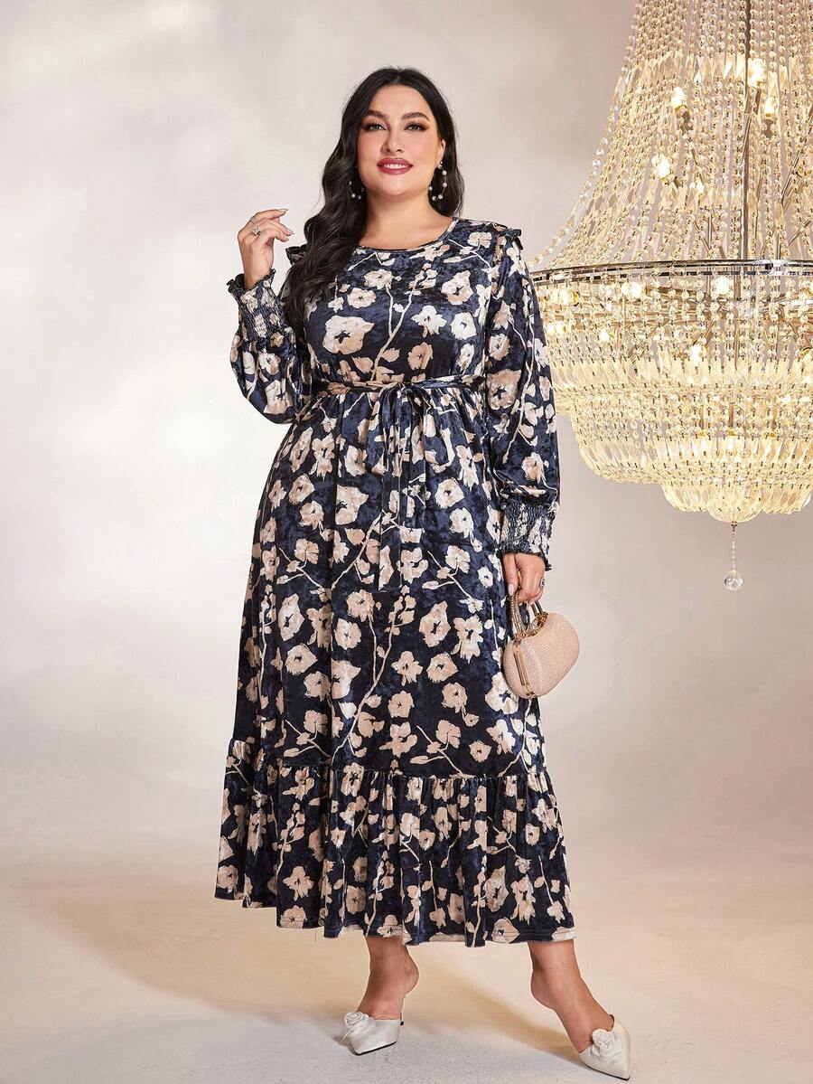 Modelyn Talla grande Vestido con cinturón con estampado floral bajo con fruncido - Multicolor - Ver 1