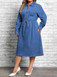 SHEIN LUNE Plus Half Zip Drawstring Waist Denim Dress - Medium Wash - View 4