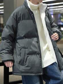 Men Drop Shoulder Zipper Padded Coat - Grey - View 4