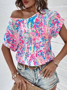 SHEIN LUNE Allover Print Batwing Sleeve Tee - Blue - View 6