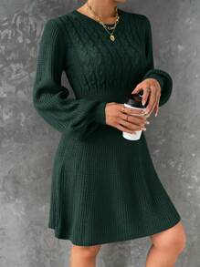 EMERY ROSE Cable Knit Lantern Sleeve Sweater Dress Fall Winter Cloth For Women - Dark Green - View 6