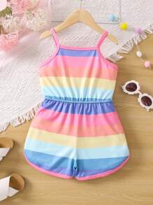 SHEIN Young Girl Rainbow Striped Casual Simple Comfortable Cami Romper With Spaghetti Strap For Summer
