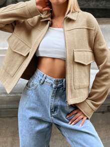 EURMUSE Flap Pocket Drop Shoulder Zip Up Jacket - Beige - View 1