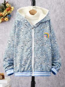 SHEIN 女大童1入組段染條紋飾邊毛絨內襯連帽夾克 - 藍色 - 查看 3