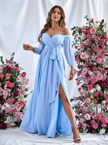 Faeriesty 露肩开叉大腿系带连衣裙优雅伴娘礼服