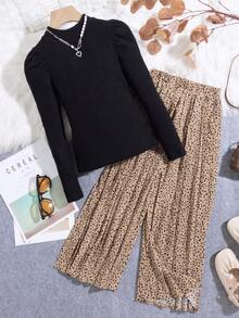 SHEIN Cô gái Tween Cổ giả Ống tay áo Áo thun & In ấn Quần ống rộng - màu đen - Xem 5