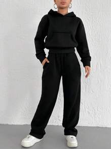 SHEIN Cottnline Solid Drop Shoulder Hoodie & Sweatpants - Black - View 1
