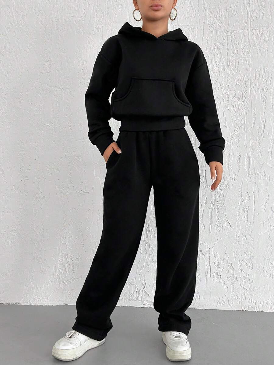 SHEIN Cottnline Solid Drop Shoulder Hoodie & Sweatpants - Black - View 1