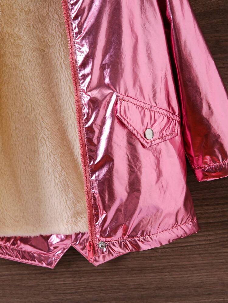 Young Girl Fuzzy Trim Hooded Teddy Lined Metallic Coat