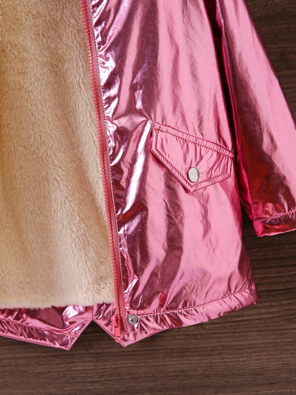 Young Girl Fuzzy Trim Hooded Teddy Lined Metallic Coat