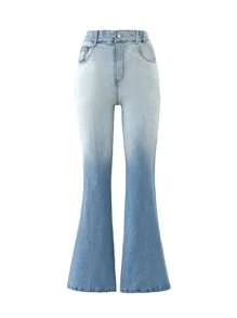 青少年女孩漸變圖案牛仔喇叭褲 - 藍白色 - 查看 1