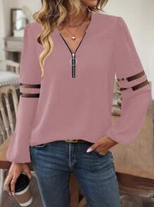 SHEIN LUNE 網紗拼接拼接半拉鏈襯衫 - 粉色 - 查看 1