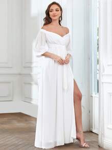 Off Shoulder Knot Side Split Thigh Chiffon Wedding Dress - White - View 6