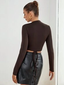 SHEIN Privé Cut Out Ruched Front Crop Tee - Brown - View 2
