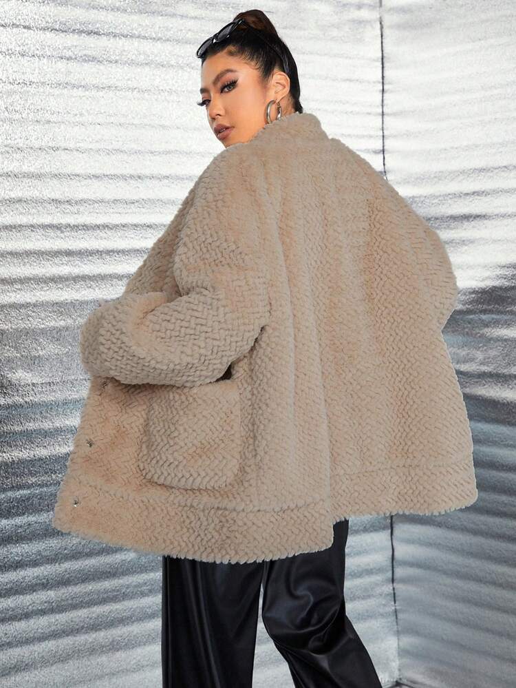 Plus Size Women Faux Fur Collar Long Sleeve Pocket Casual Coat