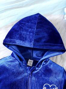 SHEIN Baby Girl Heart Embroidery Hooded Velvet Jacket & Pants - Royal Blue - View 8