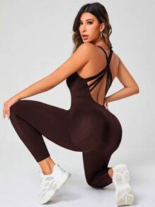Slayform Crisscross Backless Solid Sports Jumpsuit - Coffee Brown - View 5