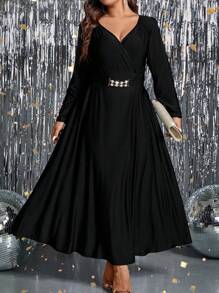 SHEIN Clasi 大碼交疊領繫腰帶洋裝 - 黑色 - 查看 6