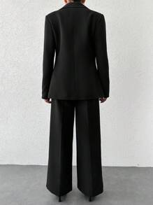 EURMUSE Lapel Neck Single Button Blazer & Suit Pants - Black - View 2