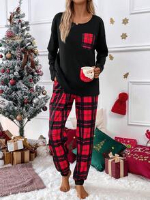 SHEIN LUNE Plaid Print Pocket Patched Tee & Sweatpants - Multicolor - View 3