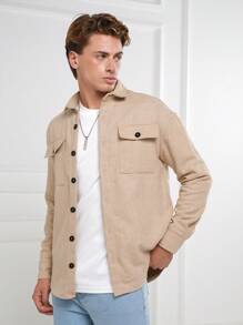 RueChic Men Flap Pocket Button Front Jacket - Beige - View 5