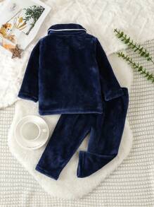 SHEIN Baby Boy Letter Embroidery Contrast Piping Flannel PJ Set