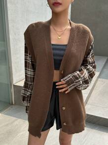 DAZY Hoa văn kẻ sọc Thả vai Nút phía trước Áo len Mở - màu nâu - Xem 3