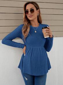 SHEIN Áo thun Peplum dệt kim gân cho bà bầu tay dài - Xanh đậm - Xem 1