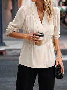 SHEIN Clasi Solid Plicated Detail Puff Sleeve Peplum Blouse - Apricot - View 5