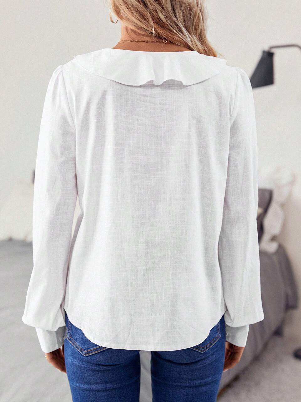 Ruffle Trim Button Front Lantern Sleeve Blouse