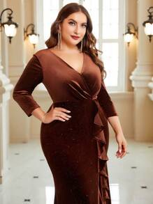 SHEIN Belle Burgundy Red Plus Ruffle Trim Glitter Bridesmaid Dress - Burgundy - View 5