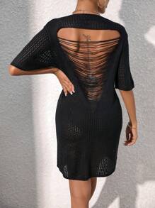 SHEIN Unity Cut Out Backless Pointelle Knit Sweater Dress - Black - View 4