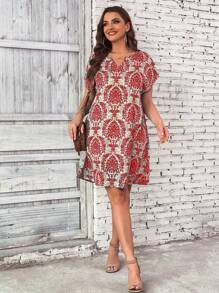 SHEIN LUNE Plus Allover Print Notched Neckline Batwing Sleeve Tunic Dress - Red - View 6