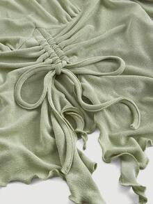 SHEIN MOD 前抽繩喇叭袖木耳邊前交叉後綁帶T恤 - 軍綠色 - 查看 4