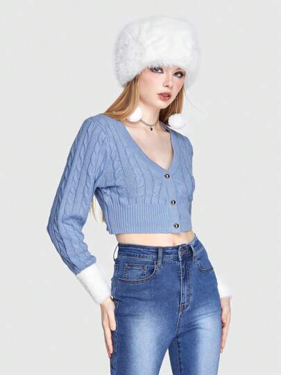 Kawaii Colorblock Button Front Crop Cardigan