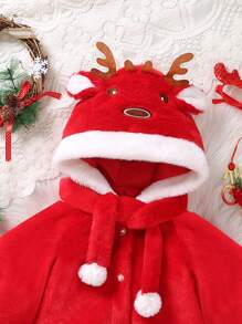 SHEIN Young Girl Antler & Pom Pom Decor 3D Ear Design Hooded Fleece Cape Coat for Christmas - Red - View 4