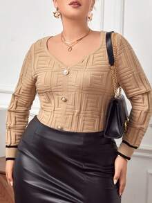 SHEIN Privé Plus Button Front Contrast Trim Sweater - Khaki - View 5