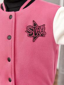 SHEIN Baby Girl Letter Patched Striped Trim Varsity Jacket - Pink - View 7