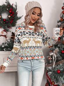 SHEIN LUNE Suéter de punto con caída de hombros, estampado de alce y patrón geométrico, para otoño e invierno - Multicolor - Ver 3